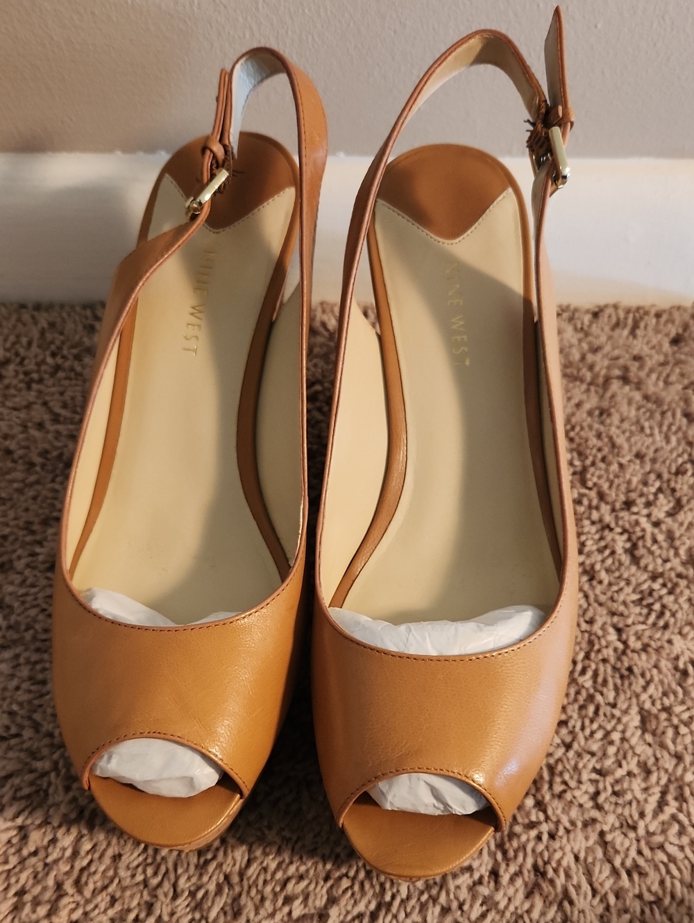 Nine West Cognac Leather Slingback Peep-Toe Heels